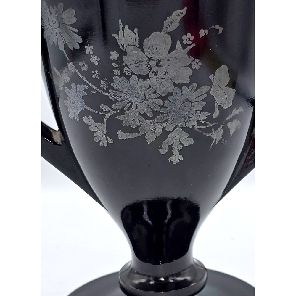 .LE. Smith Black Loving Cup S.S. RARE Floral Design Overlay Ruffled Rim Handles - Picture 2 of 12